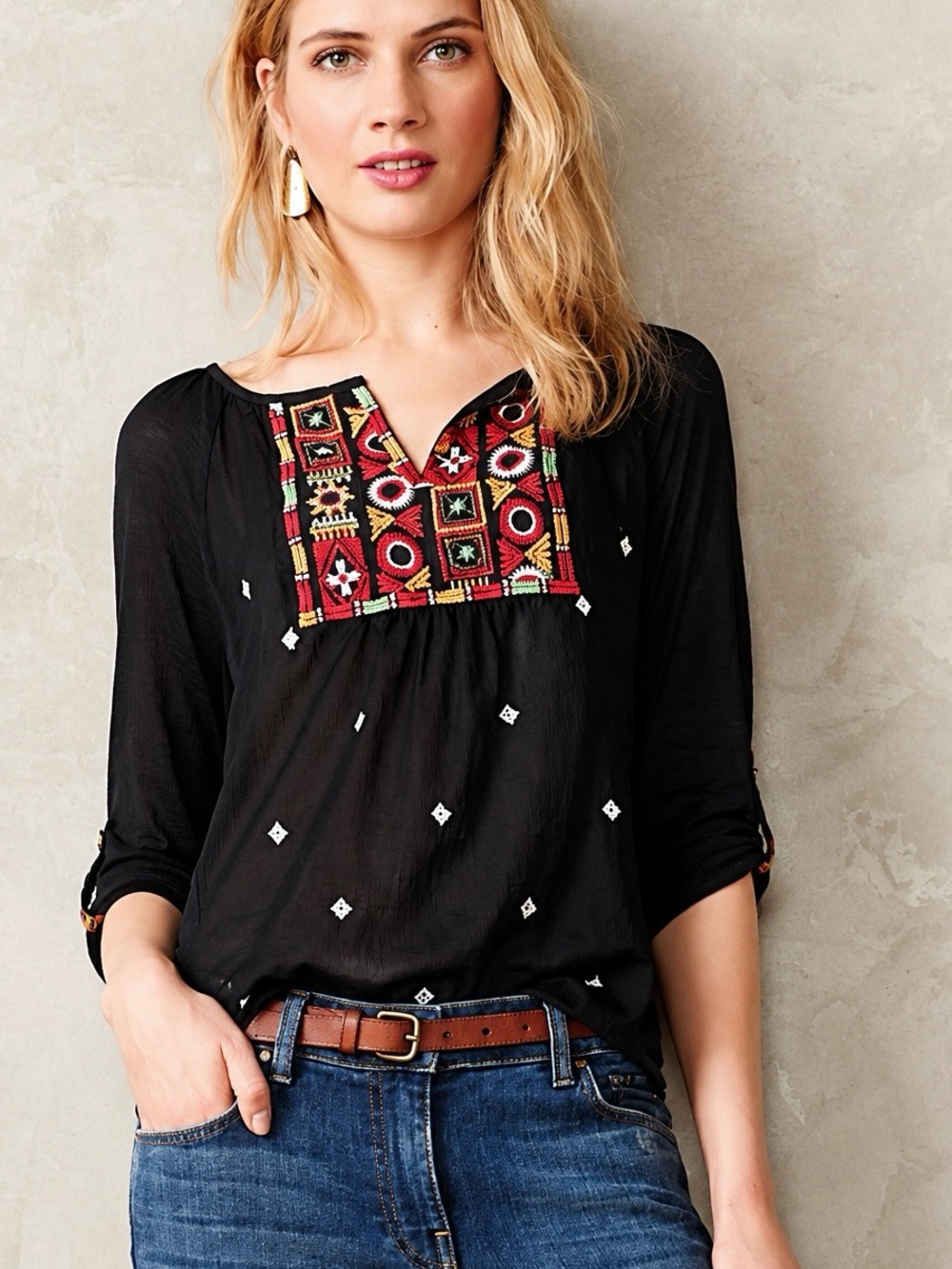 Anthropologie Tiny Tribal Embroidered Henley Top Boho Casual Global Size XS